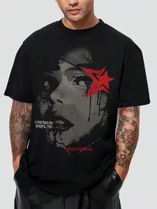 Gothic Street Style Graphic T-Shirt Halftone Mysterious Face & Red Star Print 100% Cotton Short Sleeve Tee Perfect for Punk Fashion Night Out & Alternative Streetwear Menswear Top Crewneck