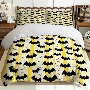 2/3Pcs Halloween Bat-Patterned Duvet Cover Set(1*duvet Cover+1/2*Pillowcase,No Filling)Anniversary Theme,Soft,Breathable,Machine Washable,Suitable For Bedrooms,Living Rooms,Guest Rooms,Hotels,All Season Use,Bedroom Bedding Set