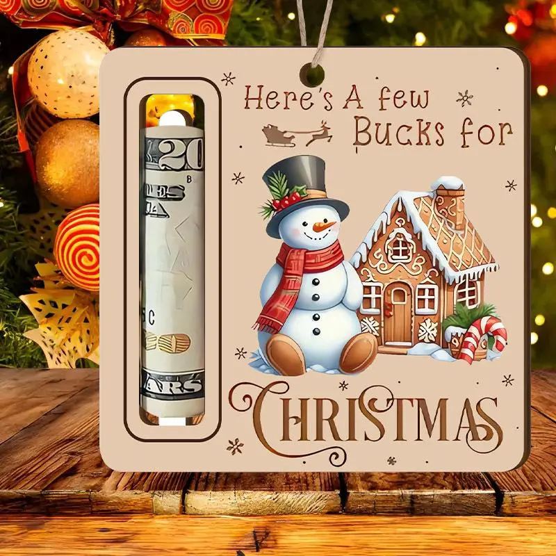 Snowman & House Design Money Gift Holder, 1 Count Hanging Ornament for Cash, Rustic Wooden Cash Clip Coin Holder Pendant Decor, Xmas Handmade Christmas Tree Decorations