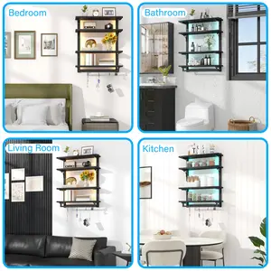 Foldable Gaming Floating Shelves with Adjustable Shelf, 24 Inch Wall Mounted Shelves with Dynamic LED, 4 Tier Wall Mounted Shelves with Towel Bar & 8 Hooks, Cool Wall Display Rack
