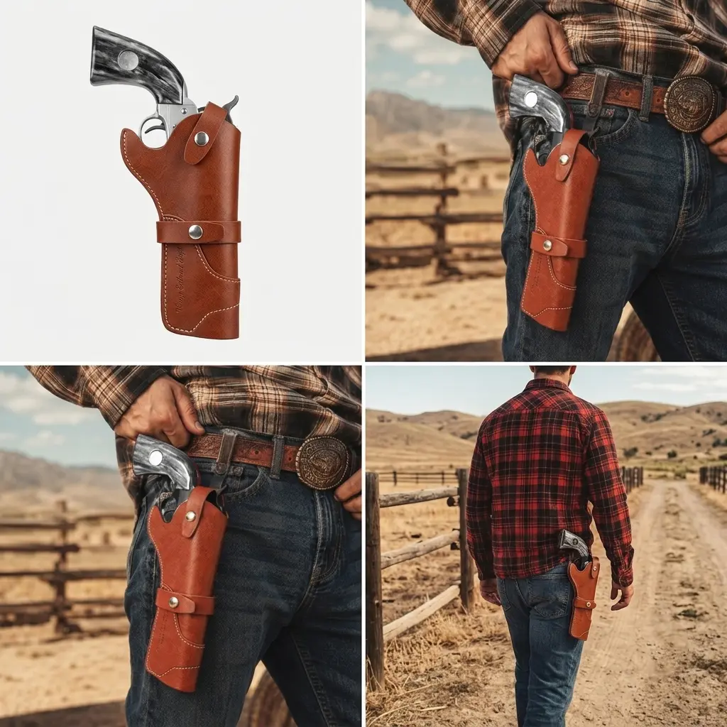 Vintage Leather Revolver Holster - Classic Western Cowboy Style Pistol Case with Secure Retention Strap & Heavy-Duty Belt Loop, Unisex Everyday Carry (EDC) Fit for Outdoor Trail, Hiking & Ranch Work