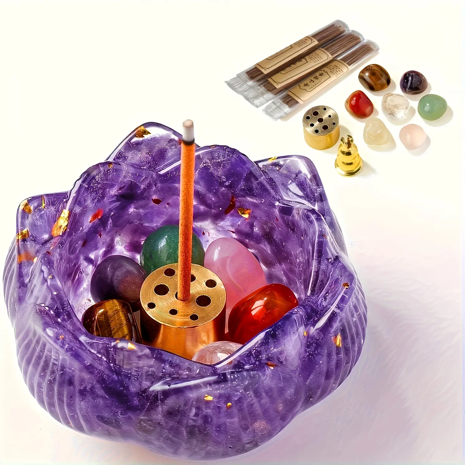 Handmade Amethyst Lotus Crystal Resin Dual-Use Incense Burner Bowl - Aroma Diffuser for Home, Retro Light Candle Holder, Witch Meditation Altar Decor, Halloween Gift