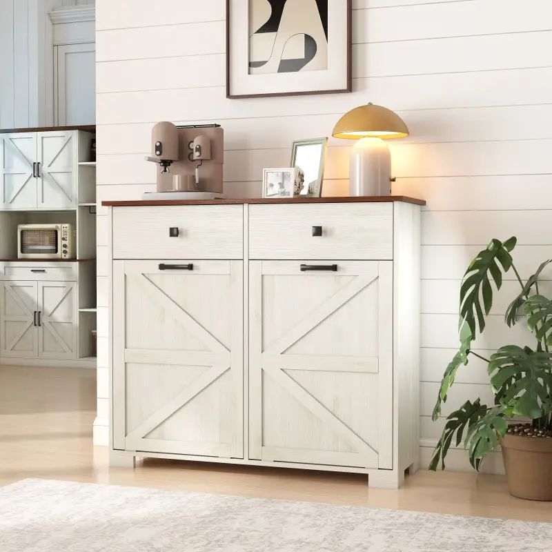 Cabinet Farmhouse Double Tilt Out Trash Cabinet for 20 Gallon Trash Cans, Free Standing Recycling Cabinet with Hideaway Drawer, Barn Door Style Laundry Sorter Cabinet, Tilt Out Trash Cabinet for Kitchen