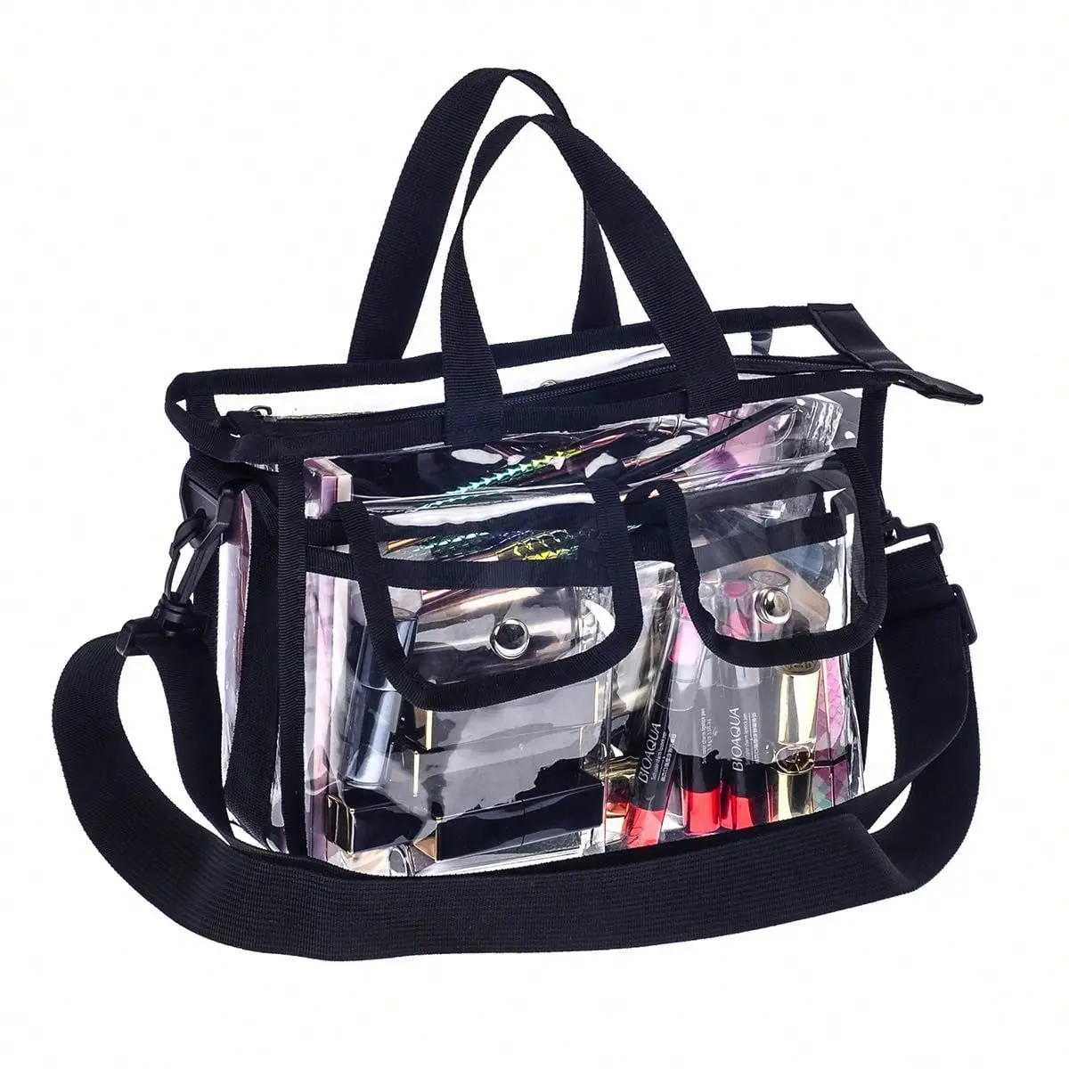 Clear PVC Makeup Bag, Transparent Cosmetic Organizer Tote, Waterproof Travel Toiletry Storage Bag With Removable Shoulder Strap, Front Pockets, Zipper Pouch And Handle For Makeup Brushes Beauty Tools