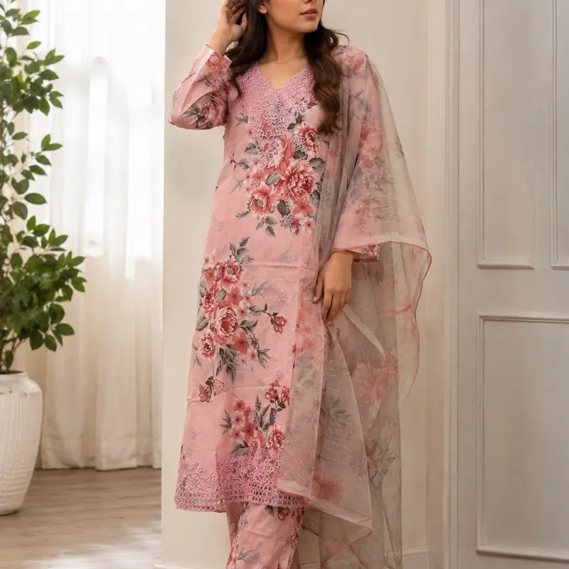 Elegant Pink Floral 3-Piece Lawn Suit