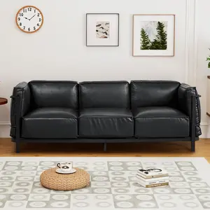 [Ships in multiple packages] Giratree Furniture three-seat sofa, mid-century modern upholstered sofa chair, faux leather sofa with iron frame and upholstered armrests and back cushions, suitable for living rooms, offices, apartments