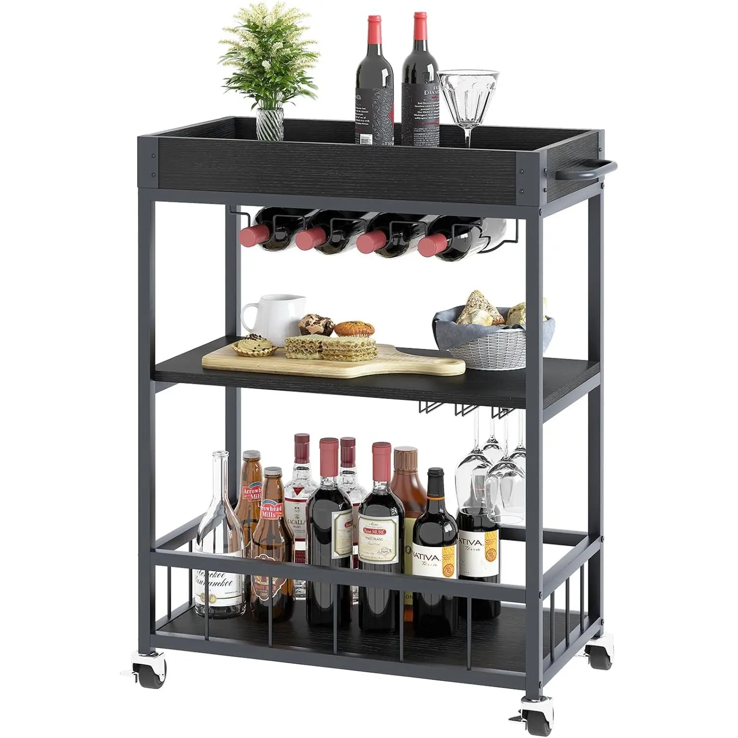 Bar Cart Serving  3 Tier Home Rolling Rack with Wheels Mobile Kitchen Industrial  Style  Metal Serving Trolley Serving Cart, Drink Cart for Living Room Kitchen