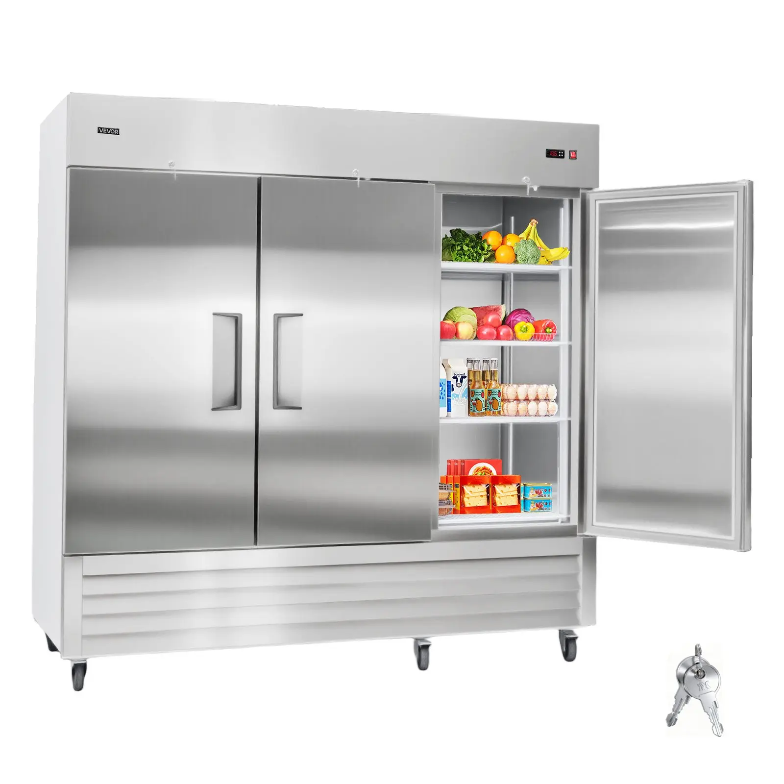 VEVOR Commercial Reach-In Refrigerator 85 W, 69 Cu. Ft Stainless Steel Upright Refrigerator with Three Doors, Auto-Defrost, 12 Adjustable Shelves, 32 to 50 Temp Control, ETL Certified