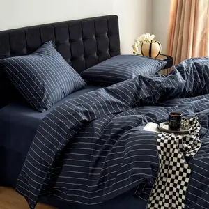 - Striped  Duvet Cover Set, Tickg Stripe Vertical Pstripe Farmhouse,  Washed  Textured Beddg Set, 3 count, Navy Blue,  Size