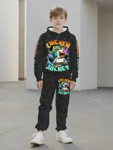 Boys' Hooded Set, Chicken Jockey Style, Slim Fit, Random Print, Spring & Fall Wear, Casual Clothing, No Zipper, Without Collar