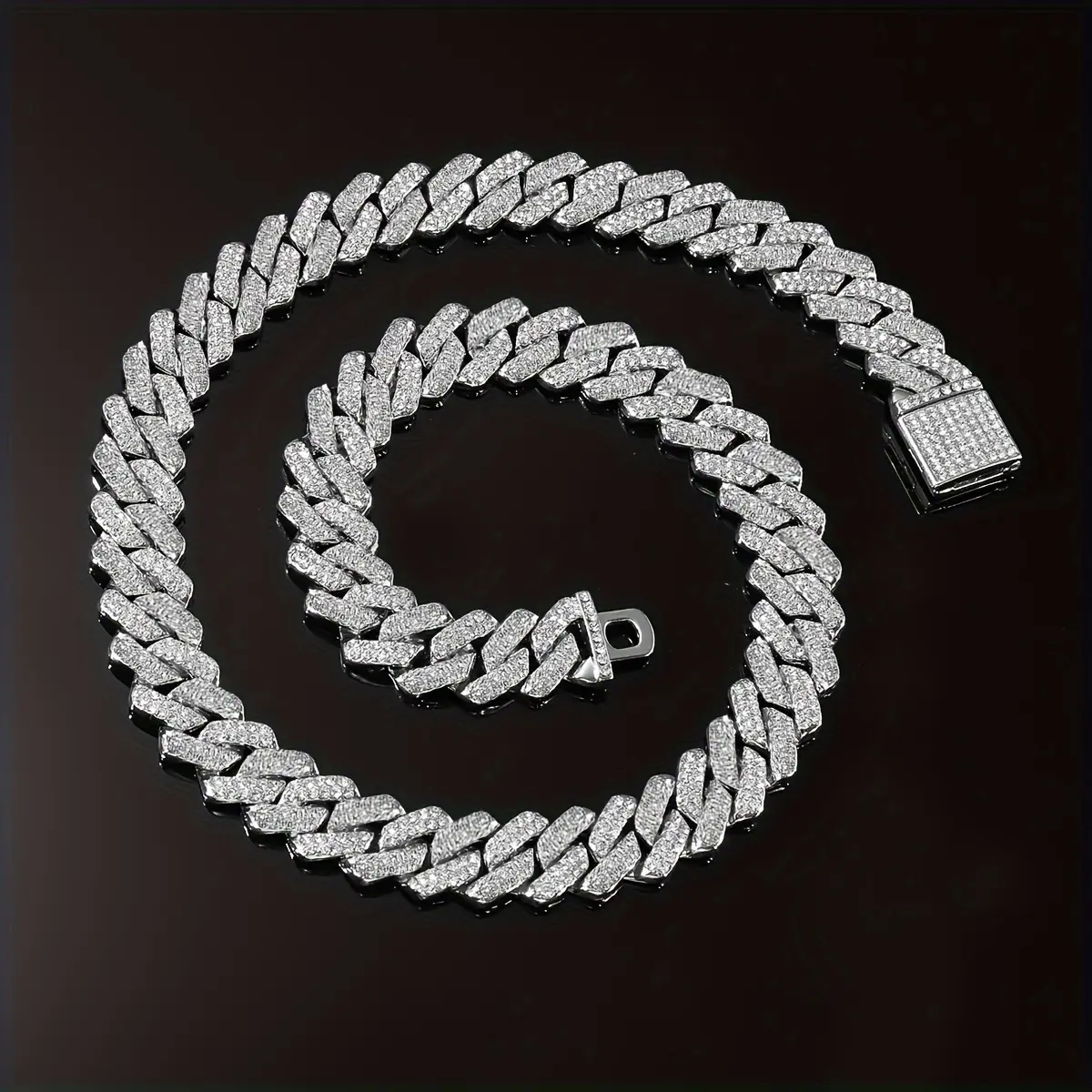 Unisex 15mm Iced Out Rhombus Cuban Link Single Chain Necklace - Trendy Hip Hop Metal Coating Full Diamond Bling Jewelry, Daily Wear Boyfriend Birthday Gift
