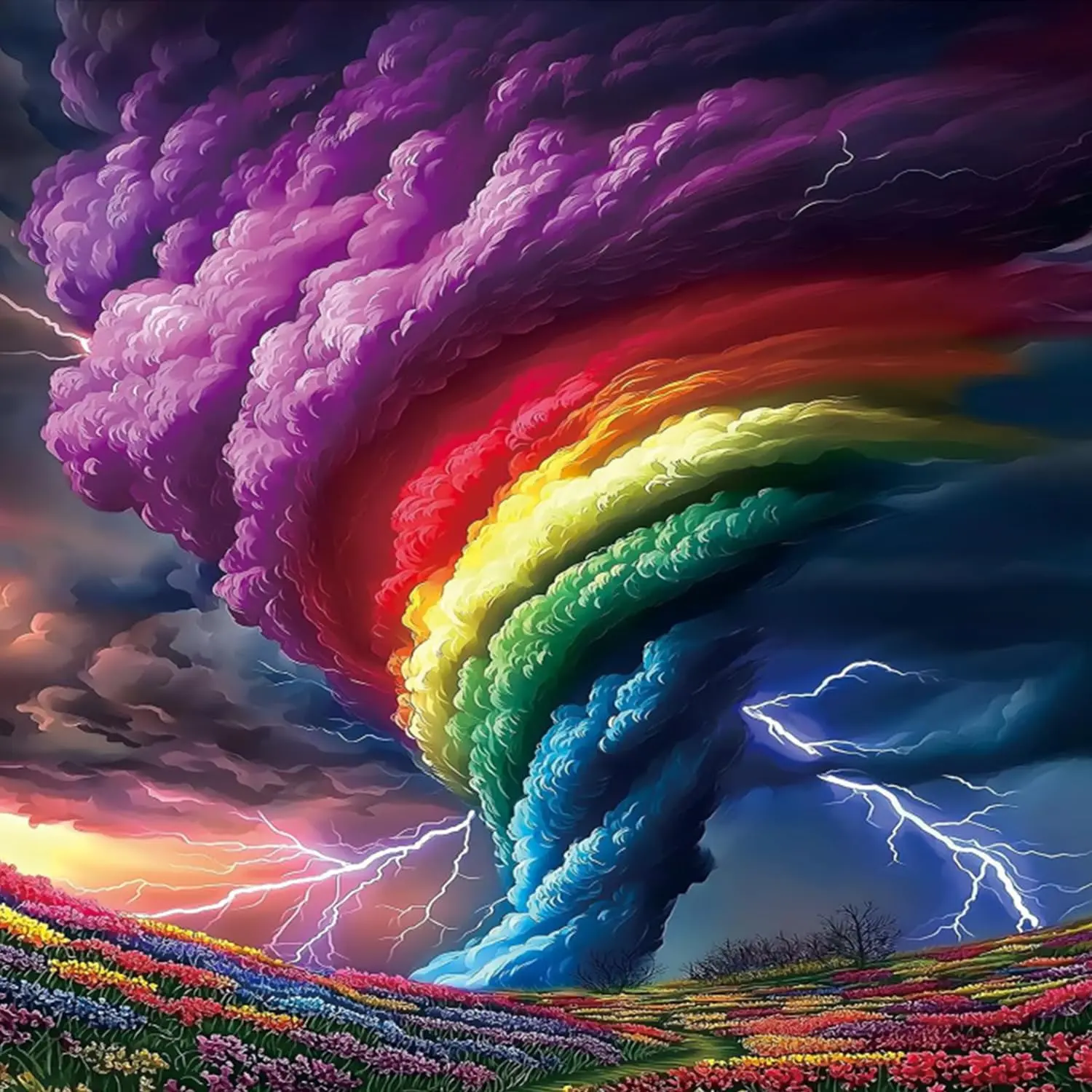 5D Diamond Painting Kit Colorful Rainbow Tornado Purple Storm Cloud Lightning Vibrant Tulip Flower Field Fantasy Sky Crystal Rhinestone Wall Art Decor Gift