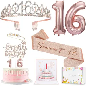 8pcs Sweet 16 Birthday Decorations for Girls, Including 16th Happy Birthday Cake Toppers, Birthday Queen Sash with Pearl Pin, Sweet Rhinestone Tiara Crown, Number Candles and Balloons Set, Rose Gold Ornaments Multicolor