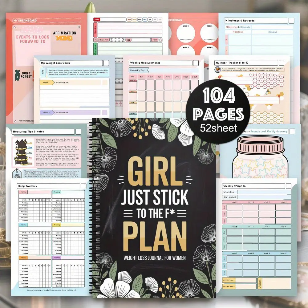 Weight Loss Plan and Health Journal, 52-Week Fitness Log, Guided Fitness Programs, Daily Workouts, Progress Tracking, Motivational Quotes, Female