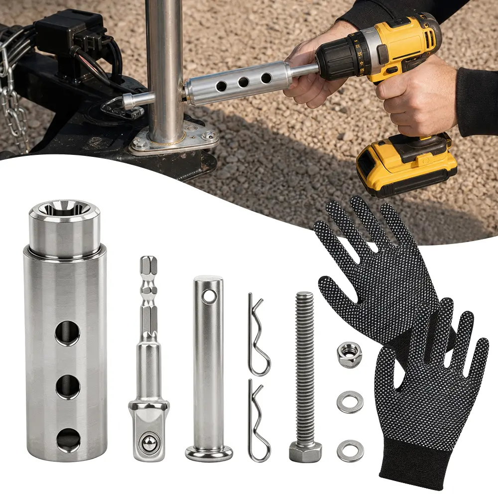 Stainless Steel Trailer Jack Drill Connection Accessory Set, Trailer Jack Socket Adapter with Fastening Hardware and Safety Gloves, Auxiliary Fitting Parts for RV Camper Trailer Jack