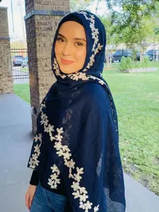 Women's Long Jersey Hijab Scarf, Breathable Fabric Geometric Flower Embroidery Design, Comfortable Wear Suitable for Various Occasions