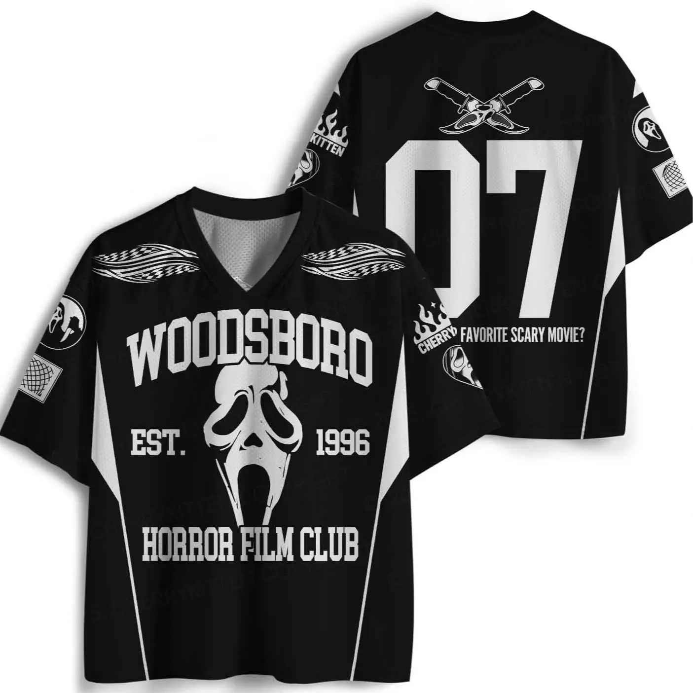 Woodsboro Inspired Horror Football Jersey, Ghost Mask Graphic Sports Shirt, Black White Scary Movie Jersey, Retro Halloween Spooky Fan Gift