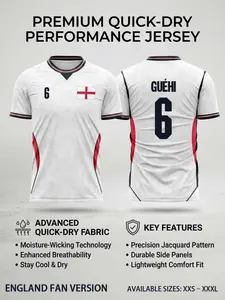 2026 England National Team Soccer T-Shirt, Sports Jersey Tee, Breathable Mesh, Quick-Dry, Moisture-Wicking, Advanced Technical Knit Support Gear