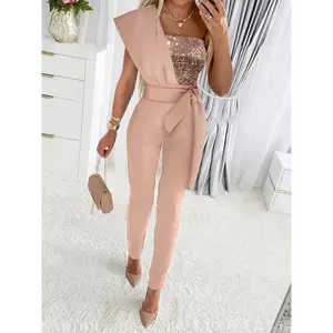 Women's Off-the-Shoulder Sequin Detail Wide-Leg Pants - Casual Pink with Lace Waist and Tie Belt, Polyester Blend, Perfect for All Seasons