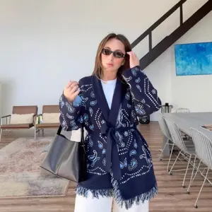 Women’s 2025 Autumn–Winter oversized loose knit cardigan with tassel embroidery, lace-up waist, long sleeves, geometric pattern, polyester knit fabric, V-neck, regular sleeves—single piece top, casual women’s knitwear