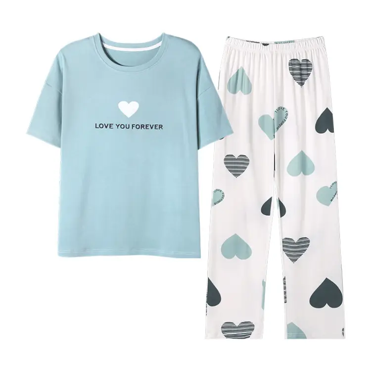 Cotton Women Pajama Set 2 Pcs Short Sleeve Pullover Top Sleepwear Long PJ Pants
