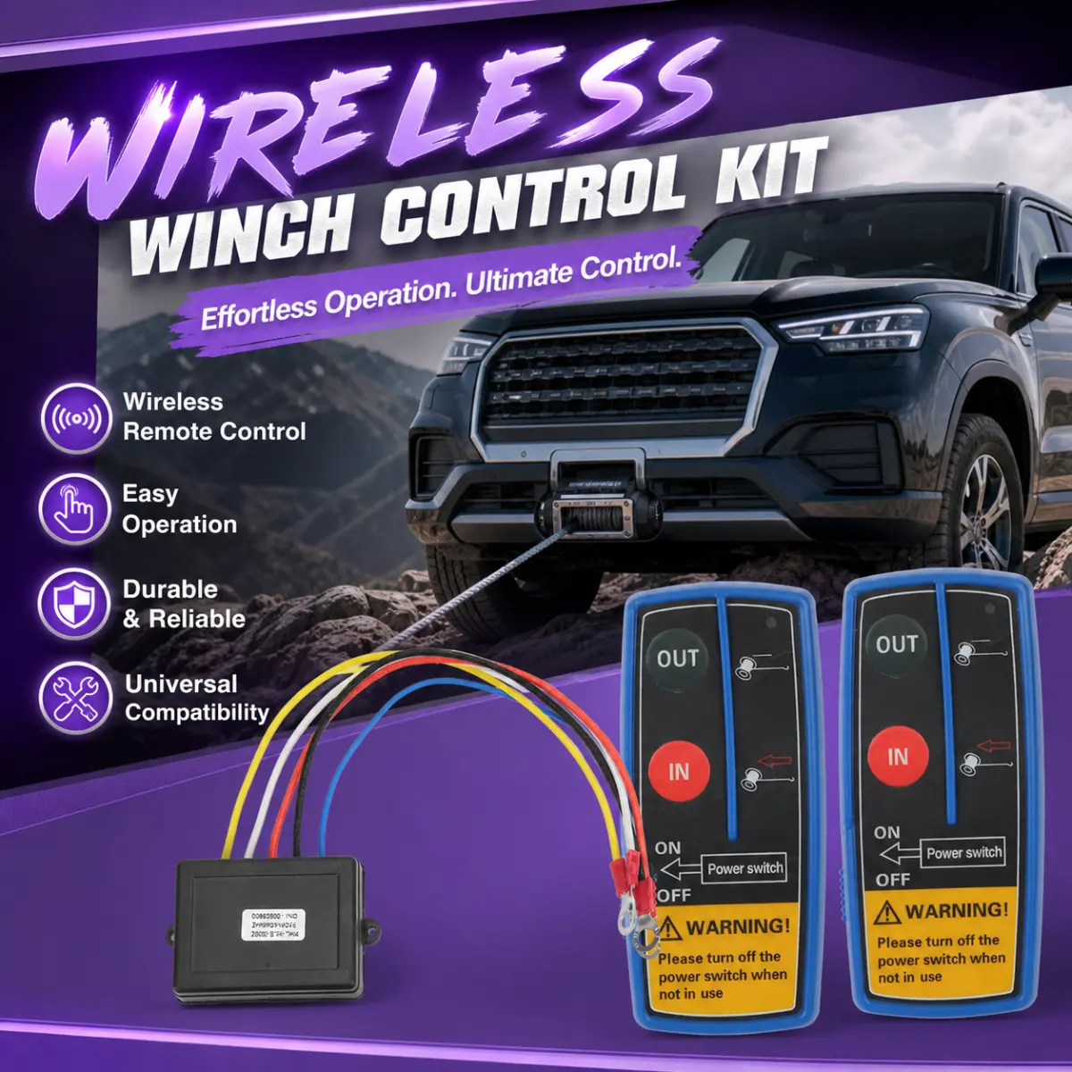 12V Wireless Winch Remote Control Kit, long-range wireless transmitter and receiver with input/output control buttons, suitable for winch systems in off-road vehicles, jeeps, ATVs, multi-purpose vehicles, trucks, trailers, and boats.