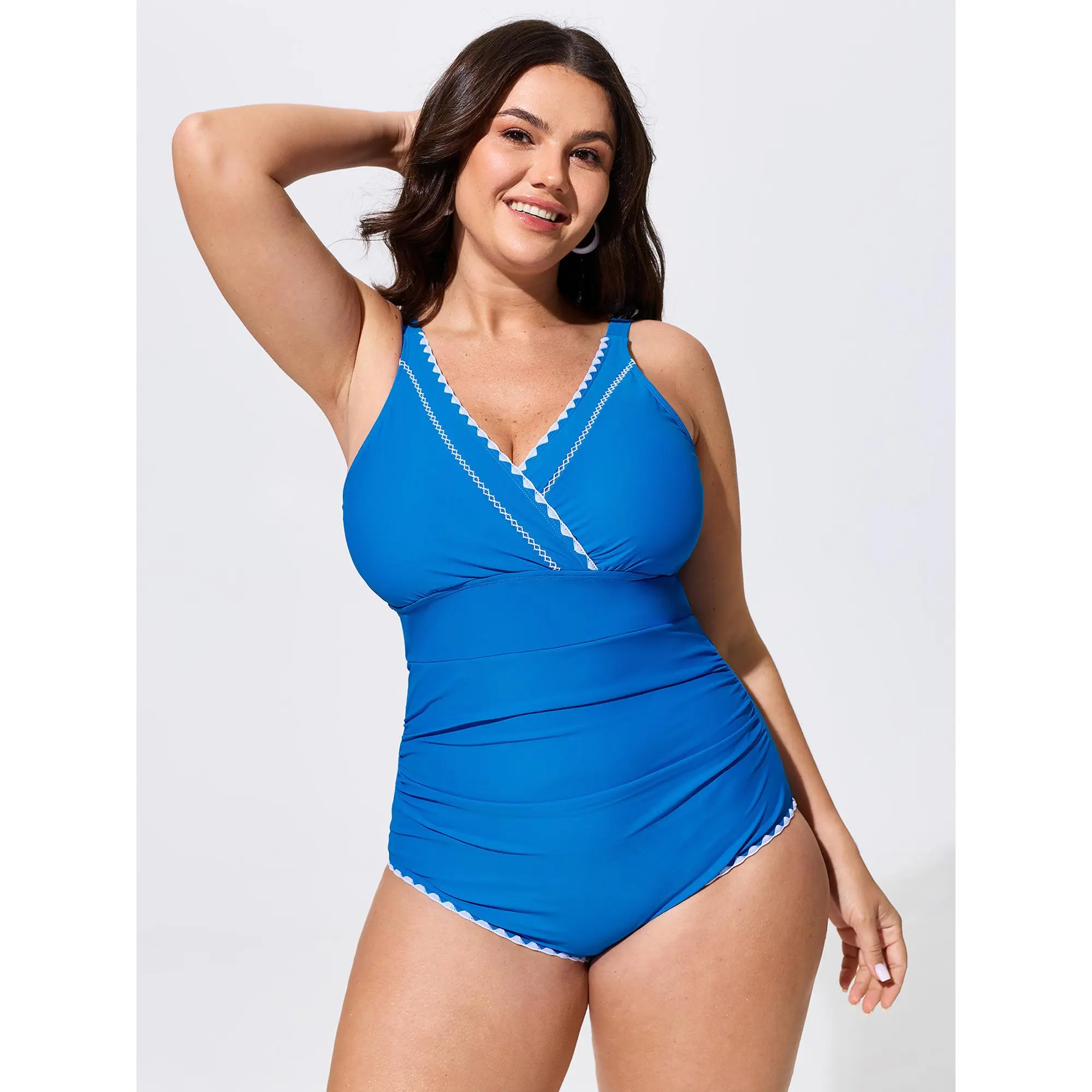 BLOOMCHIC Plus Size Color Contrast Ruched One-Piece Swim [M-6X] ,Summerfinds
