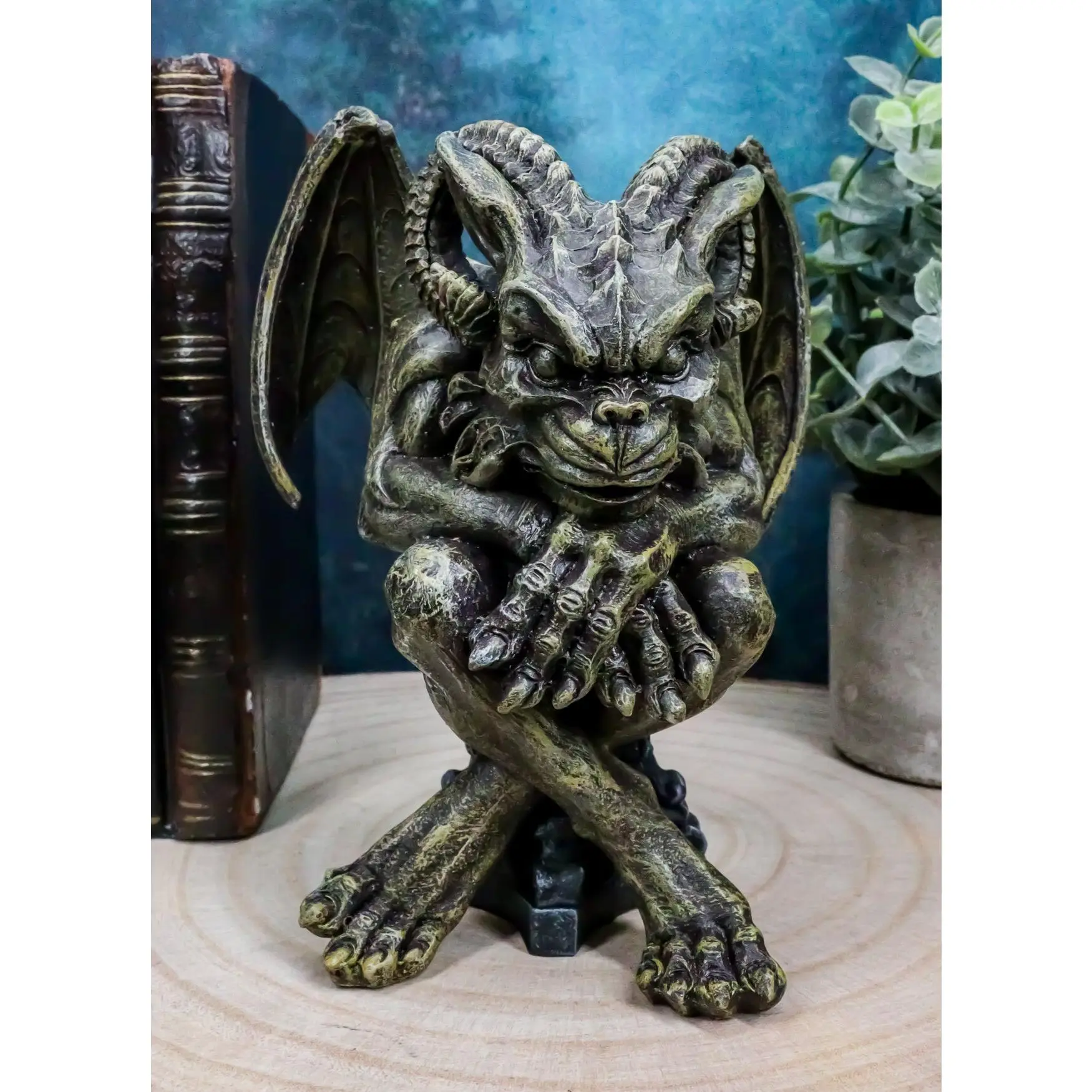 Hand-Crafted Resin Gothic Winged Ram-Horned Gargoyle Figurine, 6 in High Cathedral Pillar Pedestal Sculpture, Home Decor Gift for Statue Enthusiasts