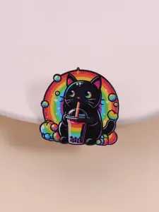 Cute Rainbow Cat Brooch, Fun Rainbow Halo & Milk Tea Decoration, Cartoon Animal Theme Badge, Unisex Design, Daily Wear Accessory Gift
