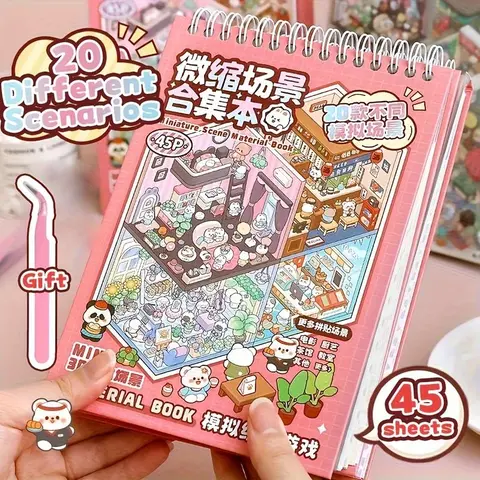 DIY Miniature Scene Basic Paper Material Book Kit - Sticker Packs (45 Pages, 25 Sheets), 20 Mini Scenes, 20 New Theme Room Designs, 1 Tweezer, Crafting Supplies for Journals (A:Pink-45P:25 Stickers Sheets+20 Scence+Tweezer)