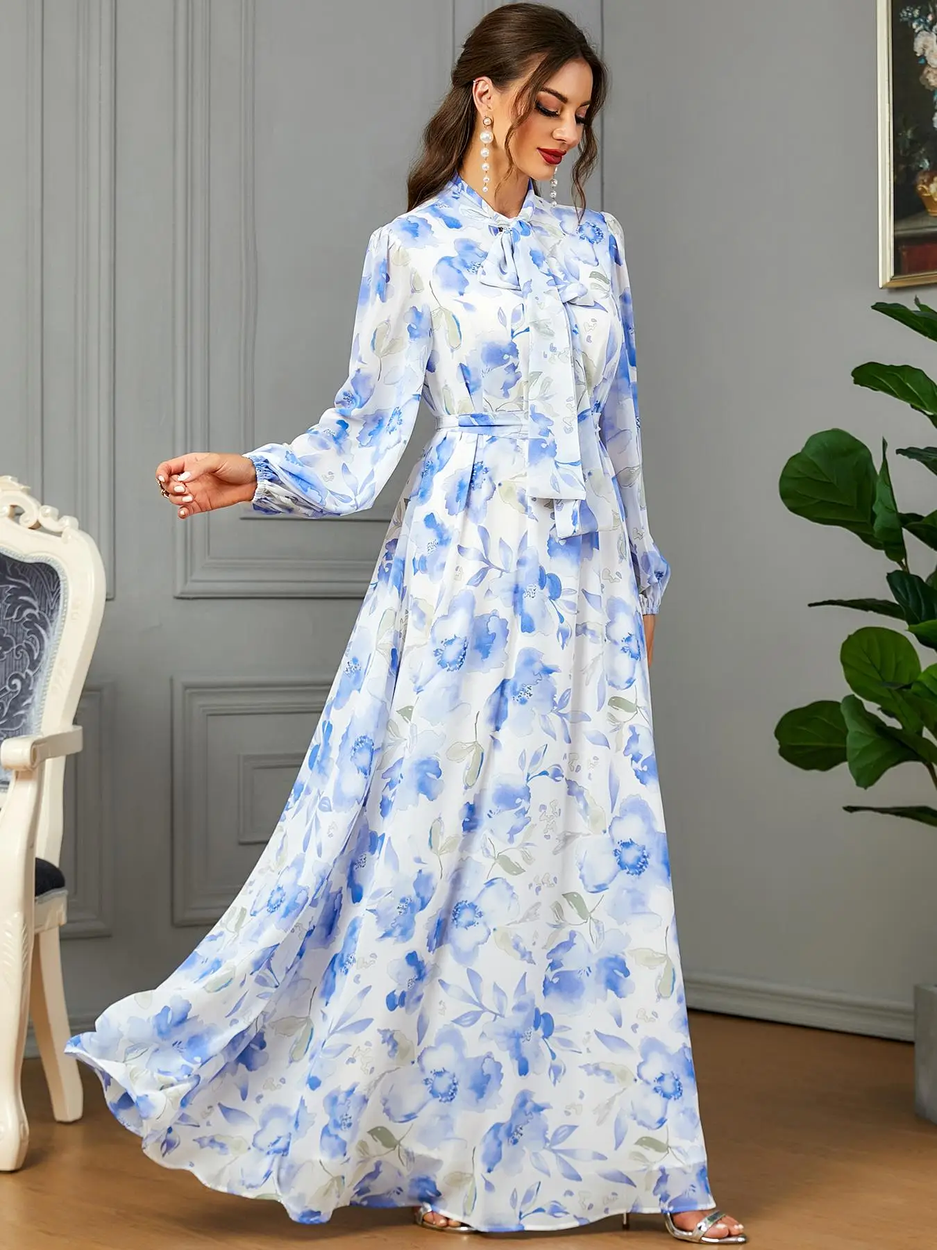 Women's Floral Print Bishop Sleeve Tie Neck Long Dress with Belt, Elegant Modest Maxi Flowy Dresses for Spring & Fall, Ladies Kaftan Dress Clothes, La