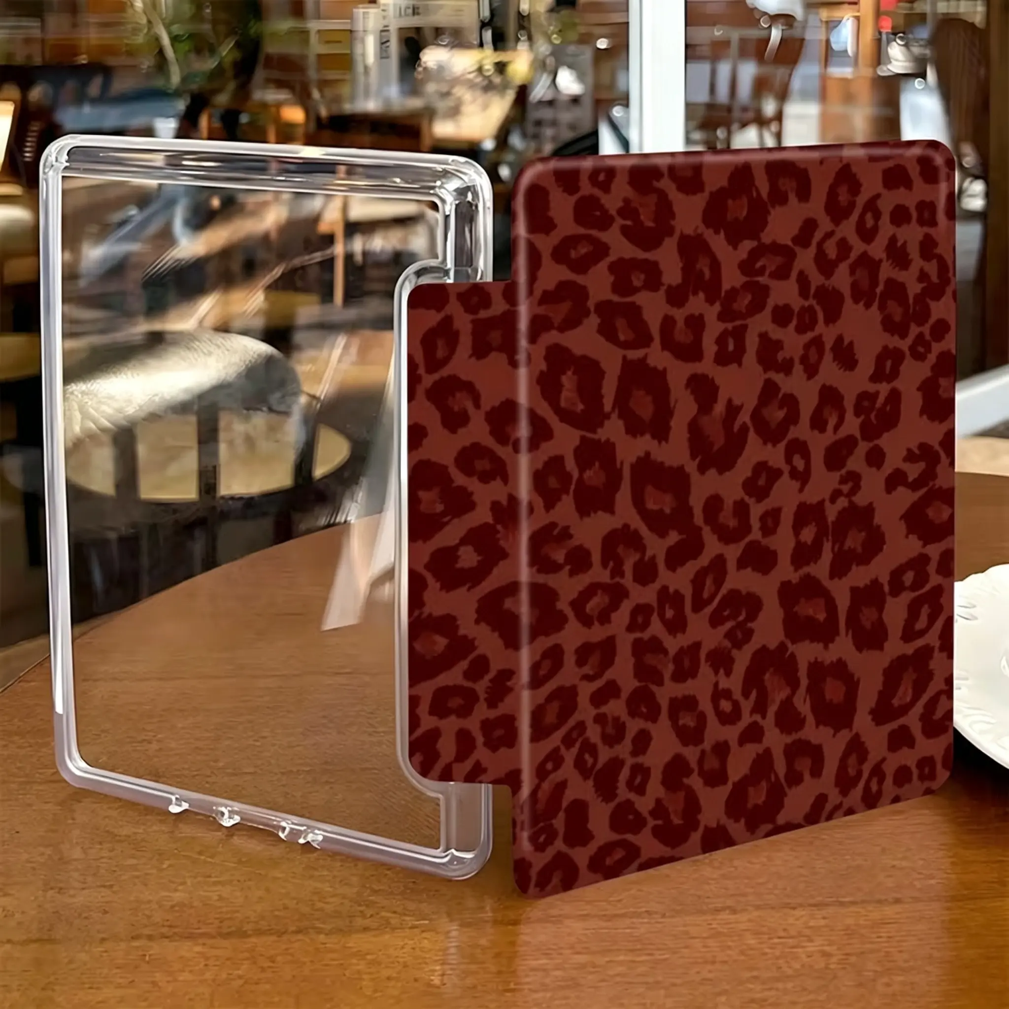 Leopard print phone case suitable for 7/6.8/6-inch Kindle Paperwhite (12th/11/10/8/7/6/5th generation -2024/2025), featuring a transparent and soft TPU back case with charming illustrations and a headband
