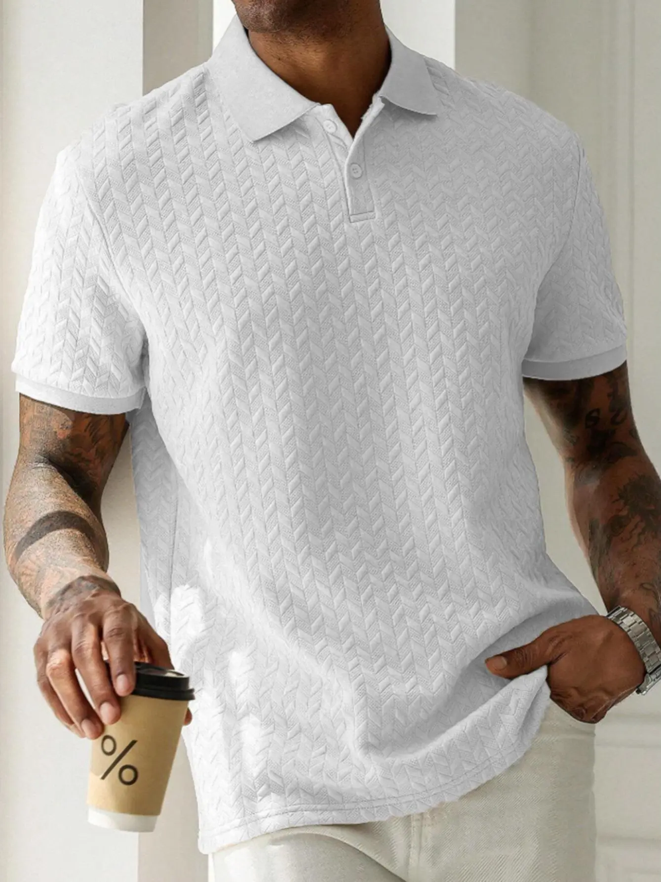 Men's Waffle Knit Polo Shirt - Plain White Regular Fit Basics Top, Soft Breathable High-Quality Shortsleeve Menswear, Button Placket, Casual Style S/M/XL