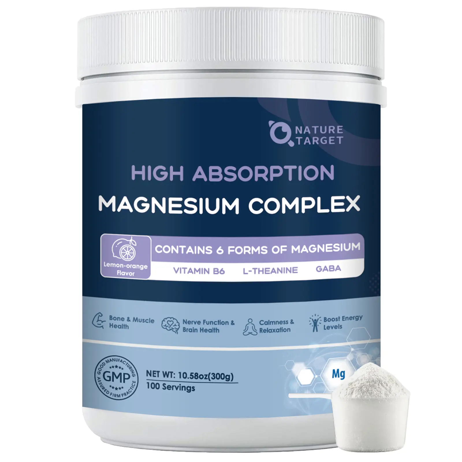 NATURE TARGET Magnesium Powder Supplement with Glycinate, Citrate, Malate, Magnesium Complex with L-Theanine & Vitamin B6 for Muscle, Heart & Brain, Vegan, 10.58 oz (100 Servings), Lemon Orange Flavor