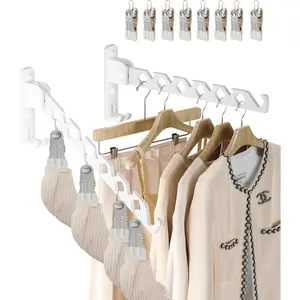 Wall Mount Retractable Folding Aluminium Coat Hanger Holder Clothes Drying Organizer Rack 2 Pack White with 8 Hooks Space Saver for Laundry Room Bedroom