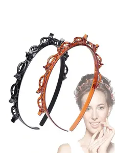 2pcs Multi-Layer Hollow Out Hair Clips, European Style Braided Chic Headbands, Double Layer Bangs Clamps, Hairstyle Accessories, Workout Headband, Adjustable Headband