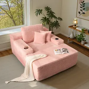 Oversied Pink CLoud Chaise Lounge Chair Indoor 67" Sofa Bed with Throw Pillows&Cushion, Deep Seat Sleeper Couch Reading Chairs,, Soft Plush Corduroy, No Assembly, Recliner Chair Lounge Sofa for Bedroom/Office/Living Room