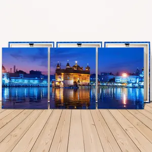 3 Counts Wooden Framed Canvas, Glowing Golden Temple Nightscape Images, Exquisite Poster, Perfect Living Room Decoration, Modern Art, Fashion Family Poster, Wall Art Decoration, Waterproof Art