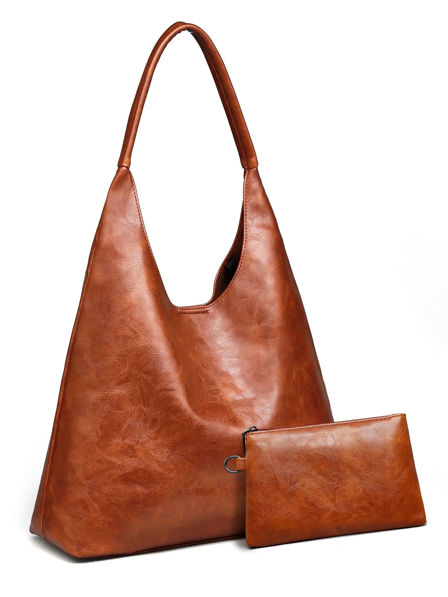 2 Pcs Set Slouchy Vegan Leather Large Capacity Hobo Bags with A Small Pouch, Wide padded straps Tote Crossbody Shoulder Purses Handbag for Women with Soft Suede Lining,Built-in Keychain for Daily Commute and Various Occasions, Crossbody Handbags