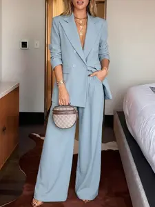 Two-piece Set Women's Solid Double Button Lapel Neck Blazer & Plicated Pants, Long Sleeve Outerwear & Trousers for Work Office Business, Ladies Fall & Winter Clothes,Business Casual Outfits