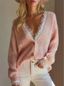 Women's V Neck Lace Patchwork Alpaca Wool Cardigan, Loose Fit Soft Knit Outerwear, Casual Fall & Winter Fashion Knitwear