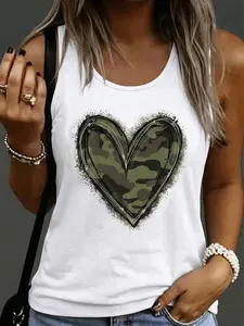 "Camo Heart" Western Aesthetic Graphic Tank Top for Women, Trendy Camouflage Heart Print Sleeveless Tee, Soft Cotton Blend Casual Streetwear, Lightweight Breathable Summer Top for Country Concert, Retro 90s Vibes, Loose Fit Racerback Tank for Daily Outfit