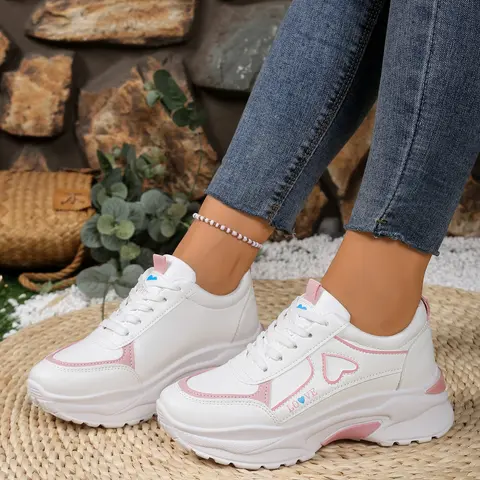Women's Athleisure Lace‑up Sneakers, Casual Fashion Trainers, Sports Shoes with Breathable Upper and Comfortable Design, Platform Heel, for Jeans and Skirts, Shoes for Daily and Commuting Wears, Casual Trainer Footwear