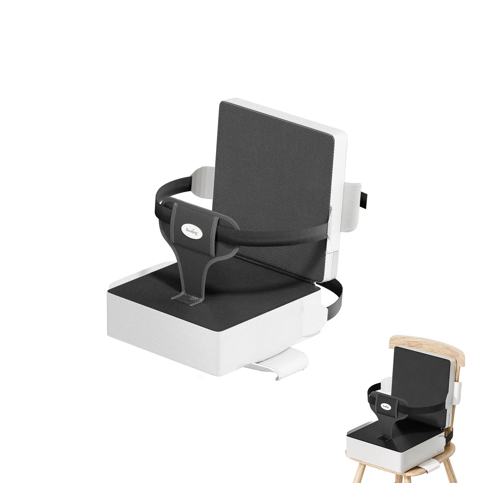 Rooting Toddler Booster Seat for Dining Table Chair with Back Support, 4 Inch Kids Chair Cushion with Adjustable Safety Straps, Portable Baby Booster Seat for Kitchen Table, Black and White  B