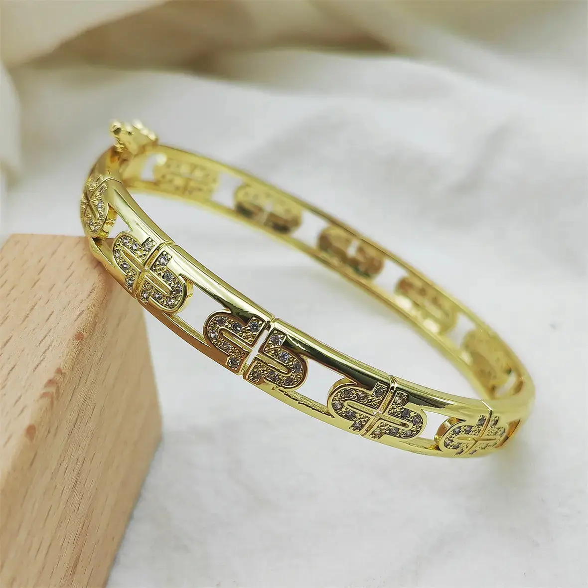 14K Gold Plated Luxury Hollow Link Bangle Bracelet For Women Sparkling Paved CZ Diamond Designer Inspired Elegant Stackable Wrist Jewelry Daily Wedding Party Birthday Valentine Fashion Gift Accessories