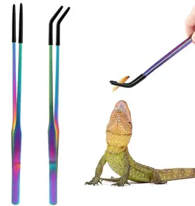OLIISS Stainless Steel Reptile Feeding Tongs with Rubber Tip - 10.6" Straight & Curved Tweezers for Aquariums & Crafts - Feeder Tools for Bearded Dragons & Lizards - Terrarium Tank Supplies - 2 Pack