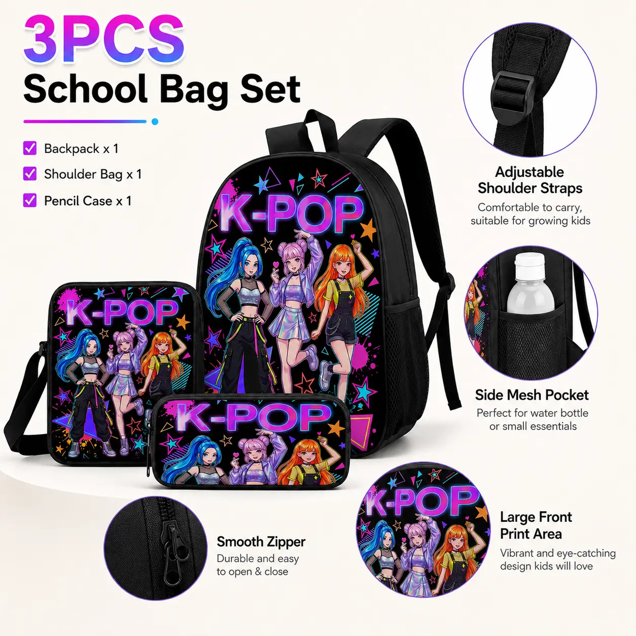 3PCS K-Pop Inspired Girls’ School Backpack Set with Shoulder Bag & Pencil Case, Colorful Anime Print Large Capacity Bookbag with Adjustable Straps and Side Mesh Pockets for School, Travel & Everyday Use