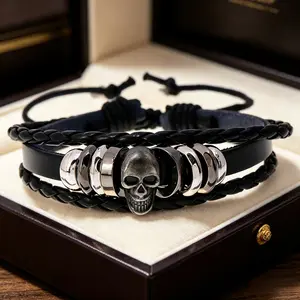 Punk Skull Beaded Leather Bracelet Multi-Layer Braided Adjustable Men’s Fashion Wristband