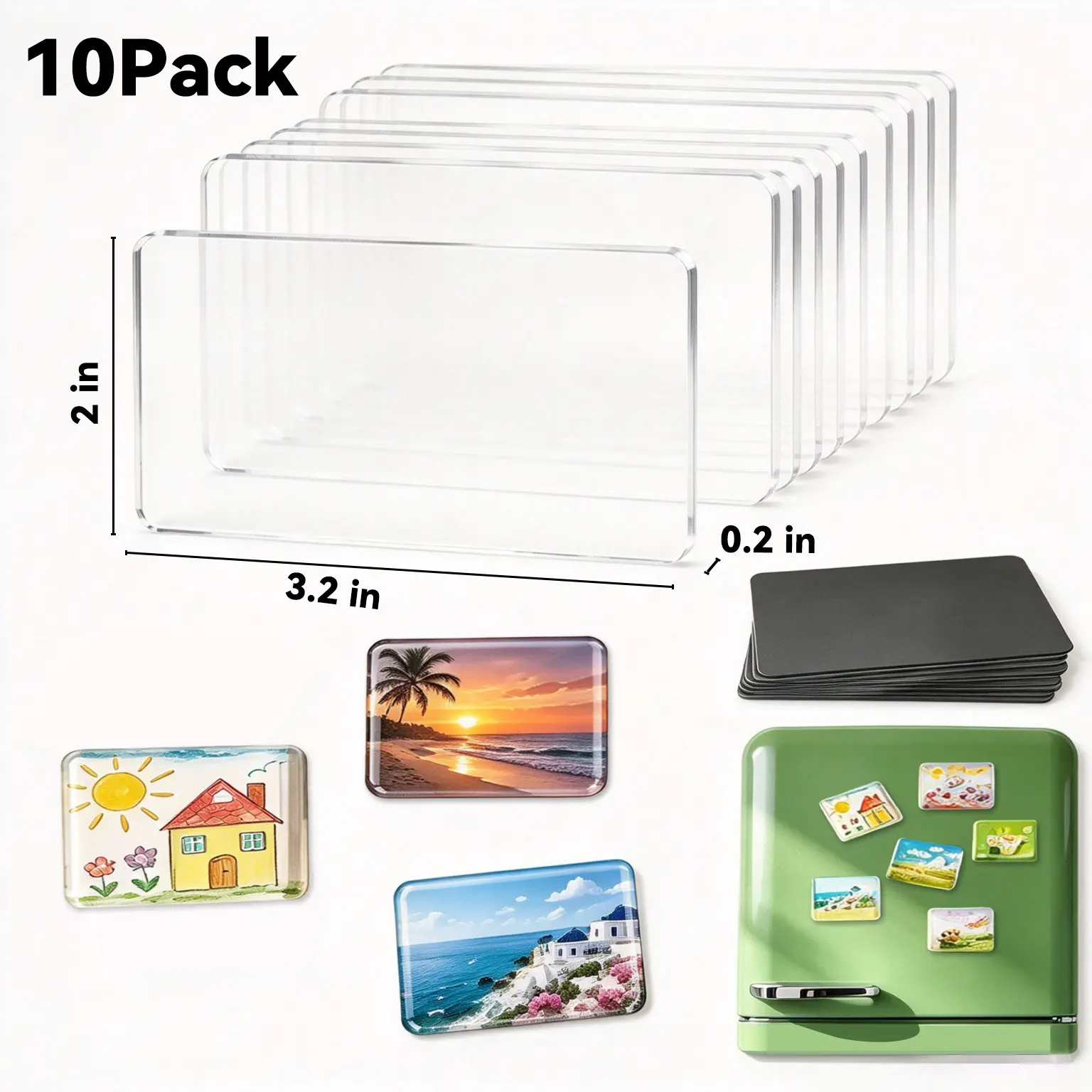 10-Pack Transparent Acrylic DIY Fridge Magnets, 2x3.2 in Magnetic Photo Frames, Refrigerator Picture Holders for Kids’ Artwork, Home Decor, Ideal Gift for Kitchen & Office