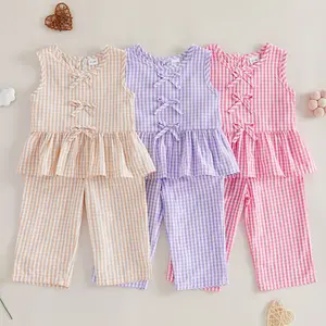 Canrulo Toddler Girl Clothes Baby Summer Outfits Gingham Ruffle Sleeveless Vest Shirt Tank Tops Pants Set 1T 2T 3T 4T 5T